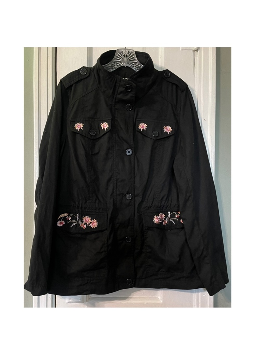 bagatelle Black Utility Jacket with Pink Floral Embroidery